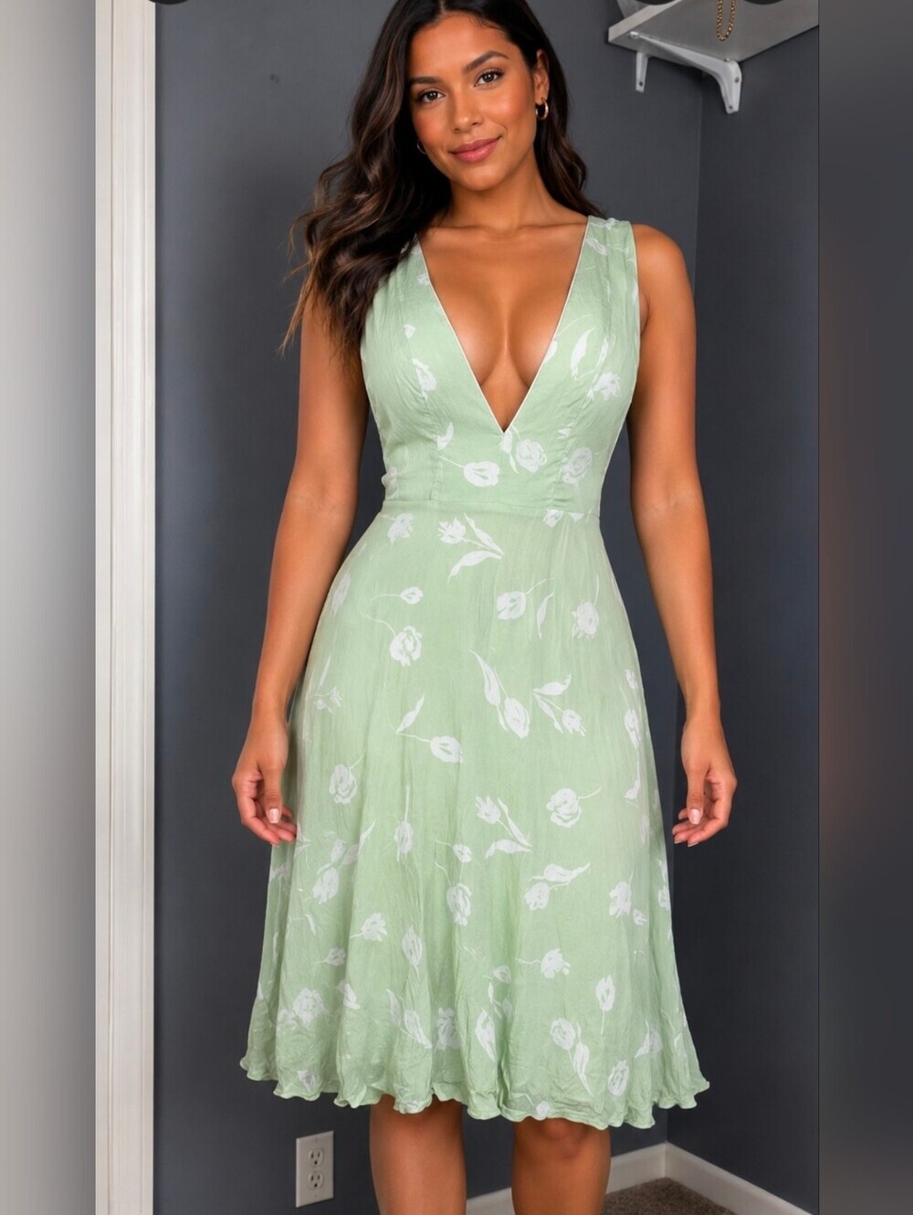 Sleeveless V-Neck Floral Midi Dress in Sage Green